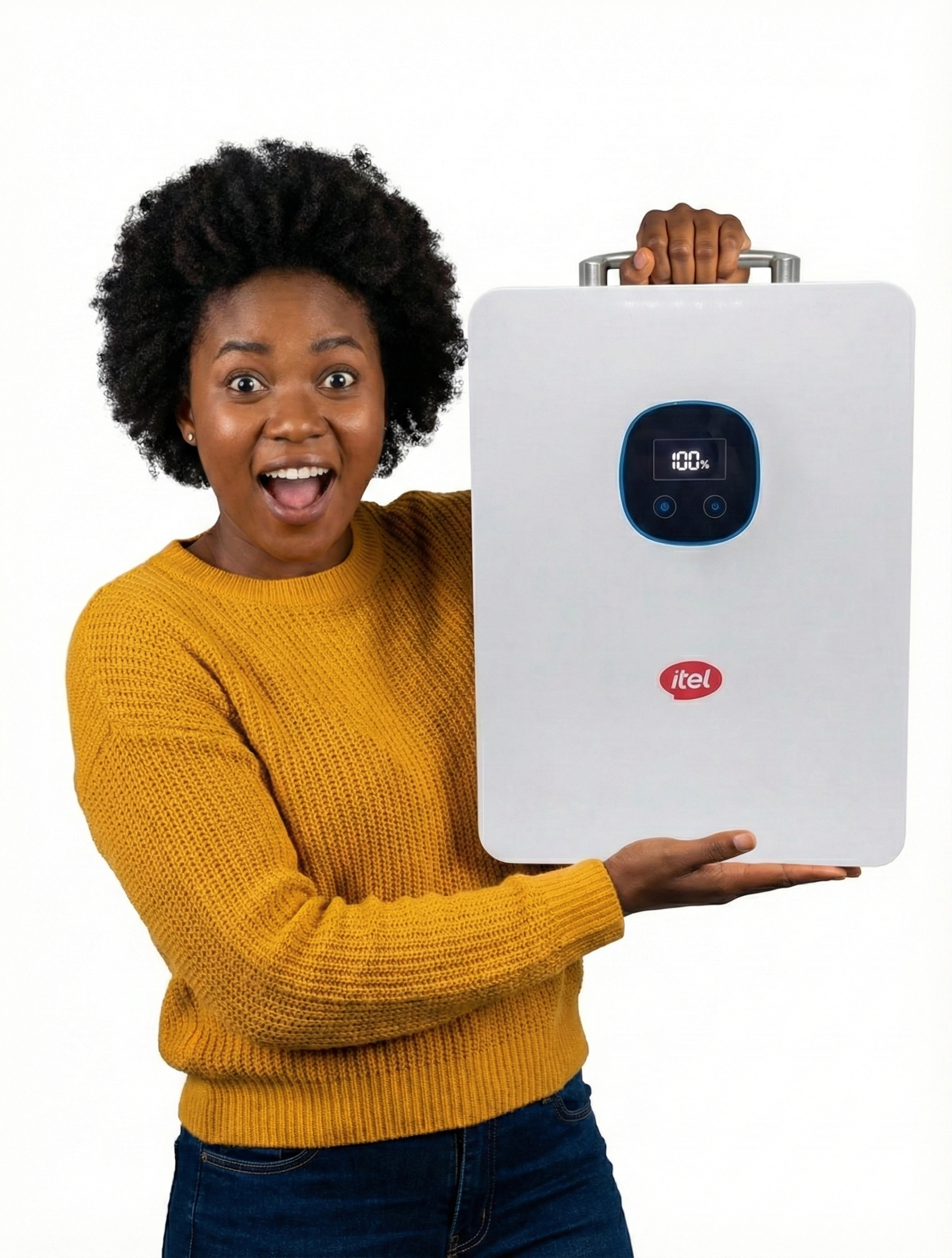 Image of a woman holding the itel powertank